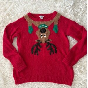 Kela‎ Ugly Christmas Sweater Womens M Red Fuzzy Reindeer Holiday Pullover